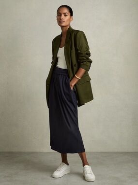 Reiss Navy Nora Wool-Blend Ruched Jersey Midi Skirt NWOT